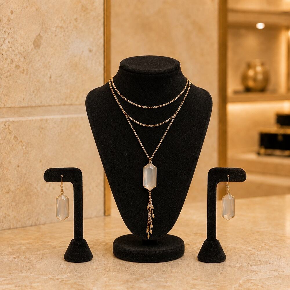 Panacea Gray Faceted Stone Earrings Layered Y Necklace Gold Tone Set Glam Disco
